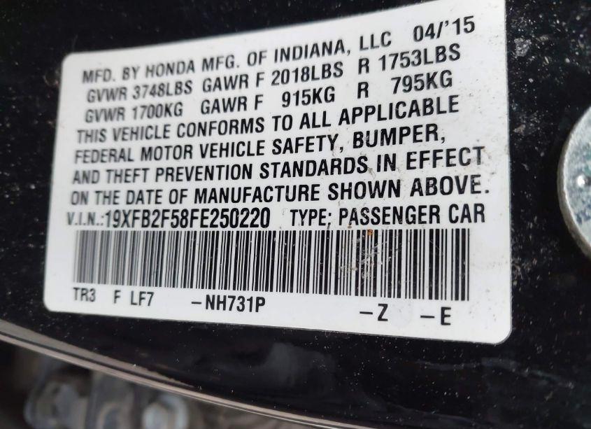 Photo 9 of 2015 Honda Civic LX (VIN 19XFB2F58FE250220)