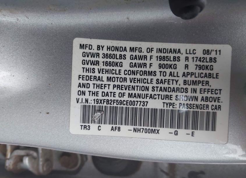 Photo 9 of 2012 Honda Civic SDN LX (VIN 19XFB2F59CE007737)