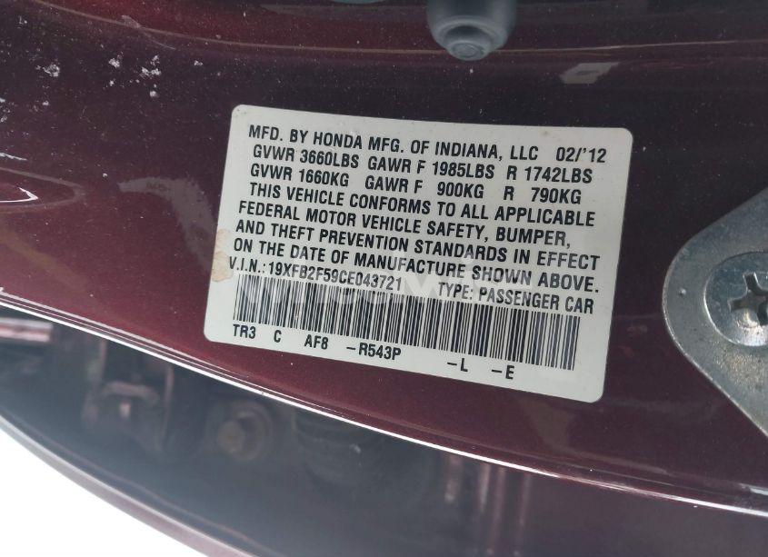 Photo 9 of 2012 Honda Civic SDN LX (VIN 19XFB2F59CE043721)