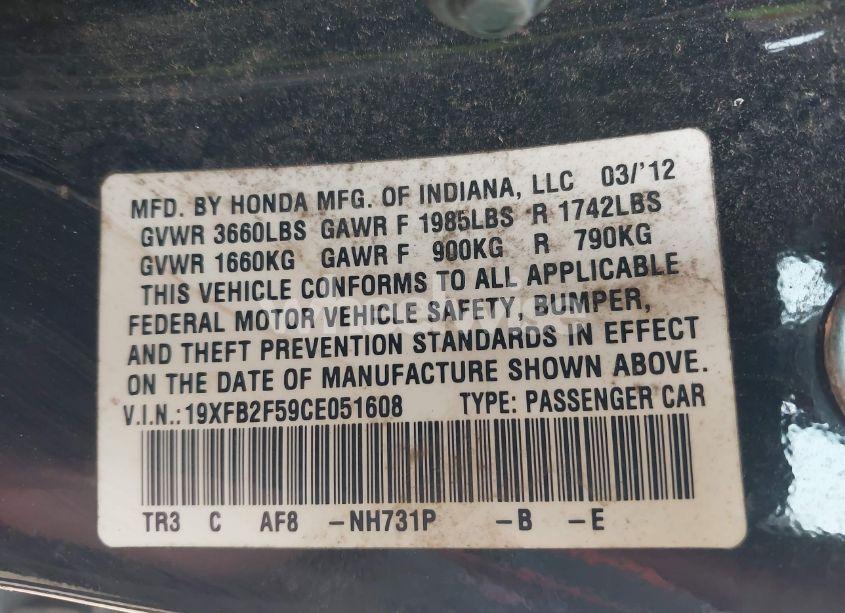 Photo 9 of 2012 Honda Civic SDN LX (VIN 19XFB2F59CE051608)