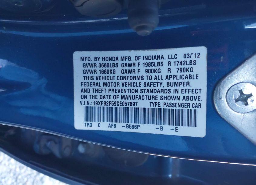 Photo 9 of 2012 Honda Civic LX (VIN 19XFB2F59CE057697)