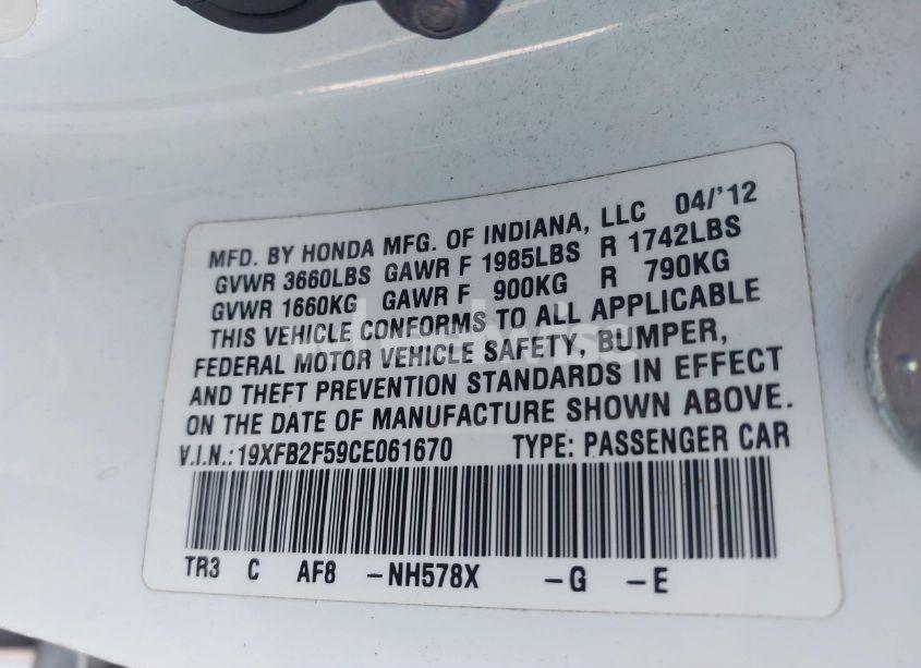 Photo 9 of 2012 Honda Civic SDN LX (VIN 19XFB2F59CE061670)