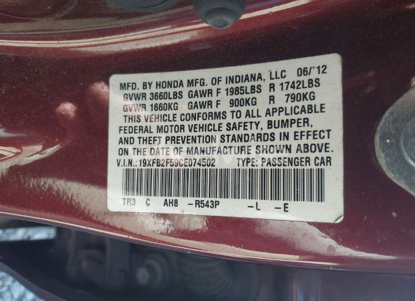 Photo 9 of 2012 Honda Civic LX (VIN 19XFB2F59CE074502)