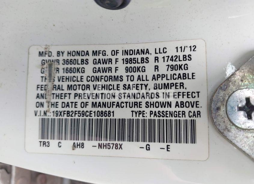 Photo 9 of 2012 Honda Civic LX (VIN 19XFB2F59CE108681)