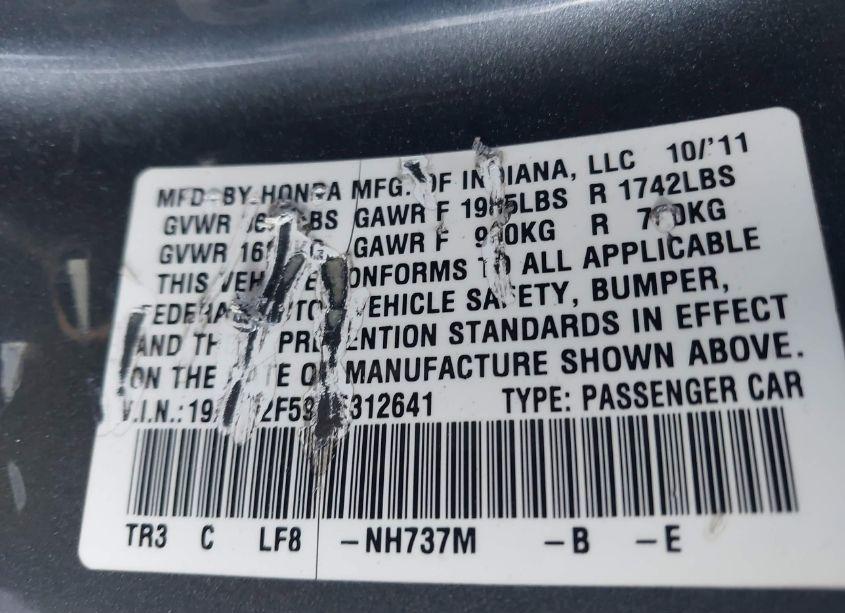 Photo 9 of 2012 Honda Civic SDN LX (VIN 19XFB2F59CE312641)