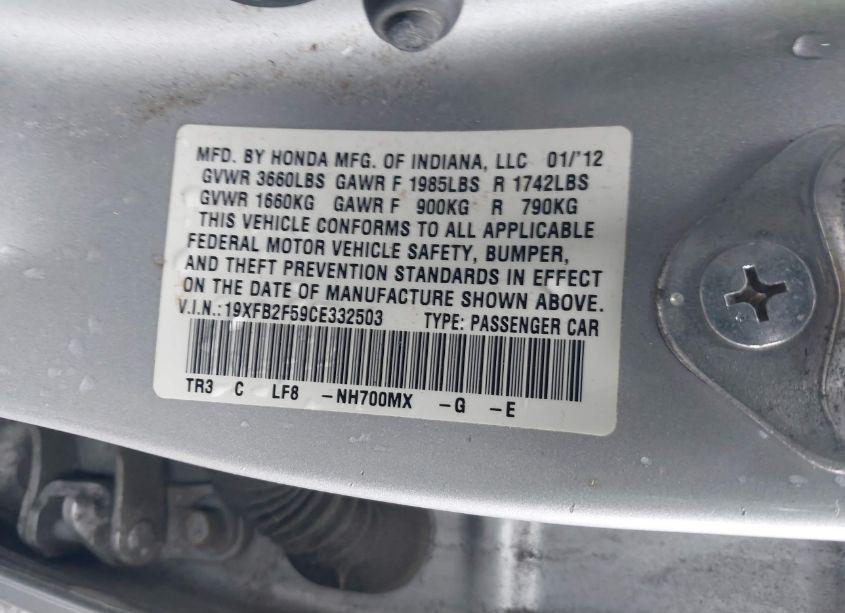 Photo 9 of 2012 Honda Civic SDN LX (VIN 19XFB2F59CE332503)