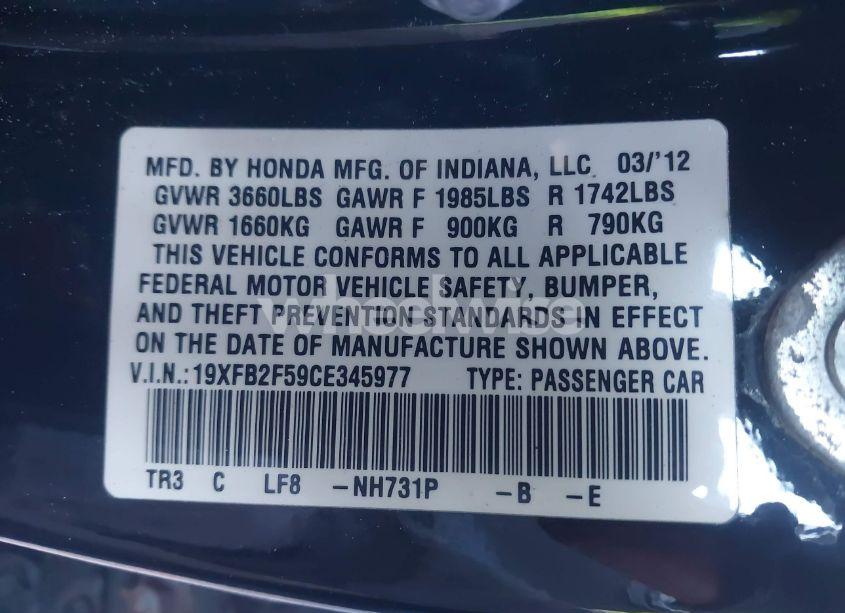 Photo 9 of 2012 Honda Civic SDN LX (VIN 19XFB2F59CE345977)