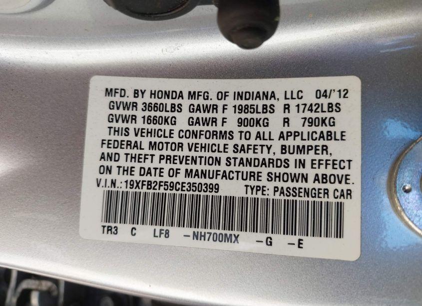 Photo 9 of 2012 Honda Civic LX (VIN 19XFB2F59CE350399)