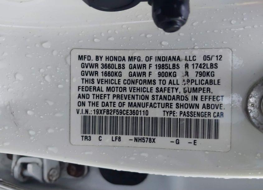 Photo 9 of 2012 Honda Civic LX (VIN 19XFB2F59CE360110)