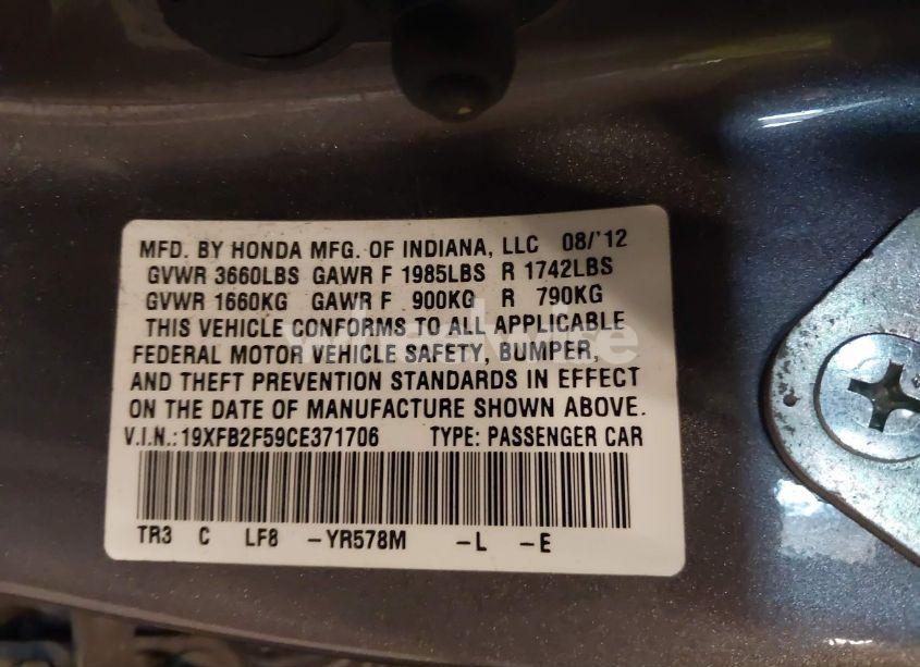 Photo 9 of 2012 Honda Civic SDN LX (VIN 19XFB2F59CE371706)