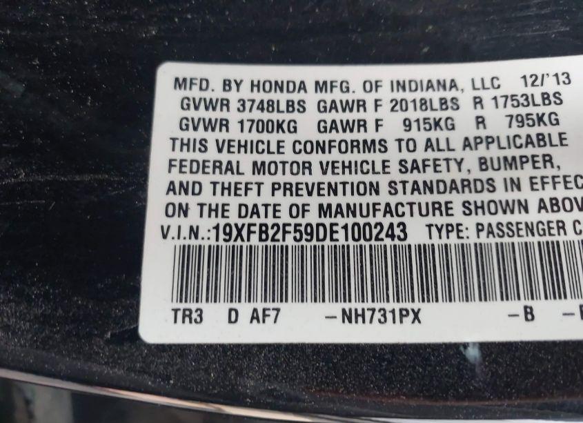 Photo 9 of 2013 Honda Civic LX (VIN 19XFB2F59DE100243)