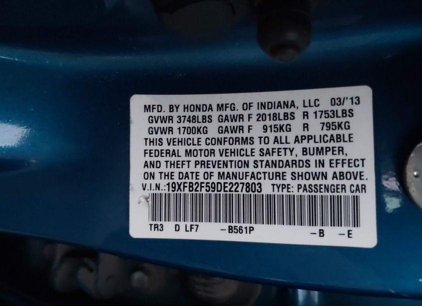 Photo 9 of 2013 Honda Civic LX (VIN 19XFB2F59DE227803)