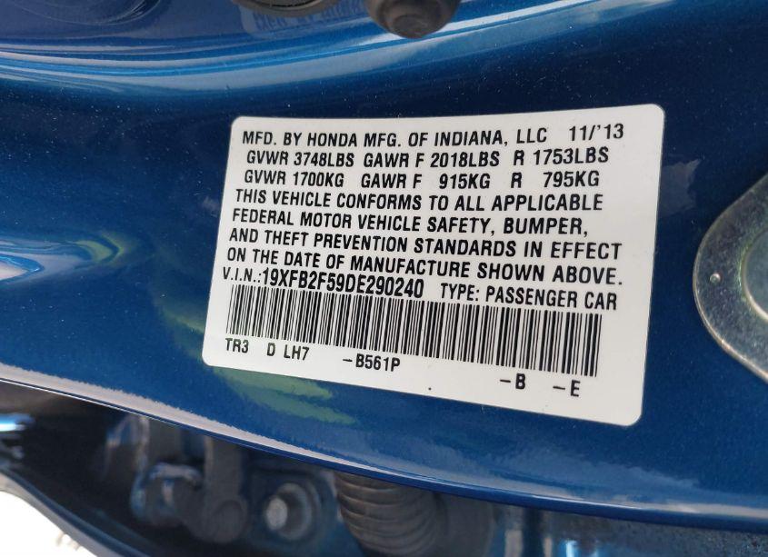 Photo 9 of 2013 Honda Civic LX (VIN 19XFB2F59DE290240)