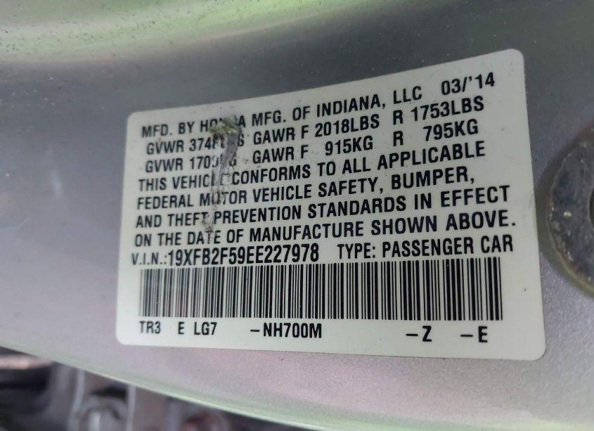 Photo 9 of 2014 Honda Civic LX (VIN 19XFB2F59EE227978)