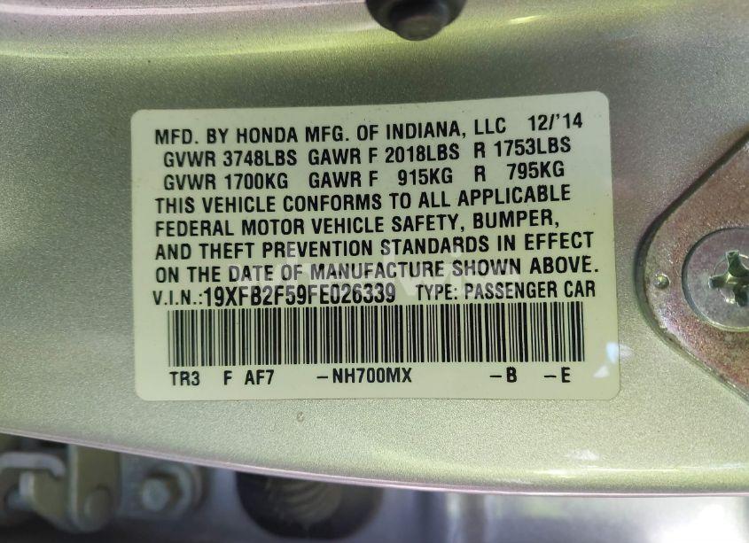 Photo 9 of 2015 Honda Civic LX (VIN 19XFB2F59FE026339)