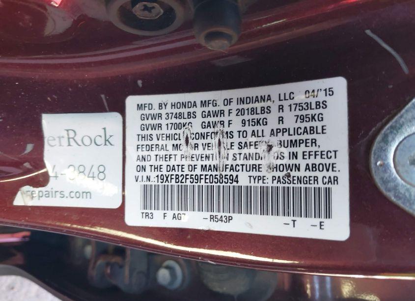 Photo 9 of 2015 Honda Civic LX (VIN 19XFB2F59FE058594)