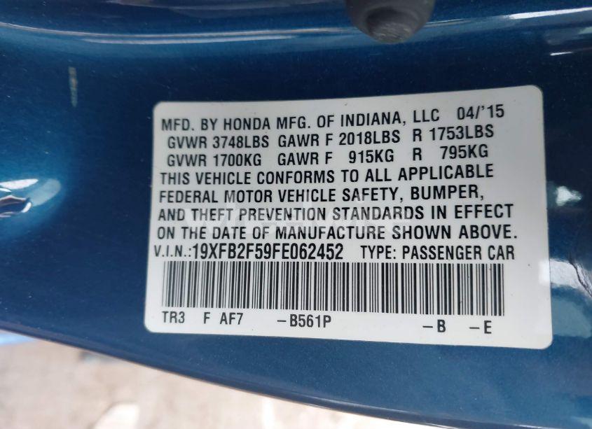 Photo 9 of 2015 Honda Civic LX (VIN 19XFB2F59FE062452)