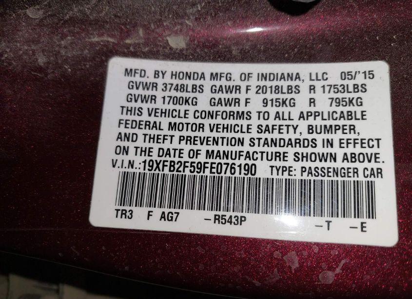 Photo 9 of 2015 Honda Civic LX (VIN 19XFB2F59FE076190)