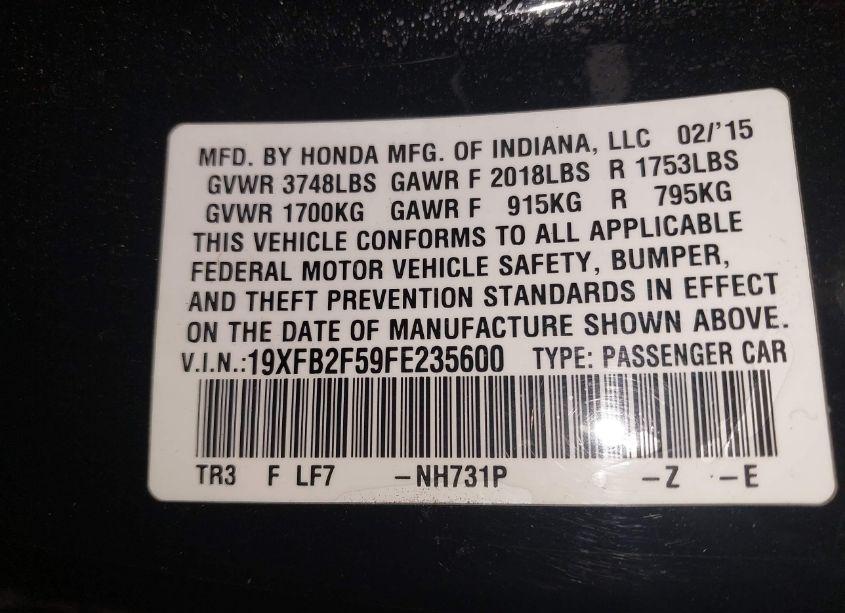 Photo 9 of 2015 Honda Civic LX (VIN 19XFB2F59FE235600)