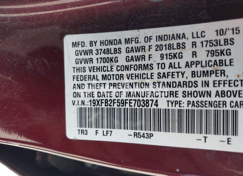 Photo 9 of 2015 Honda Civic LX (VIN 19XFB2F59FE703874)