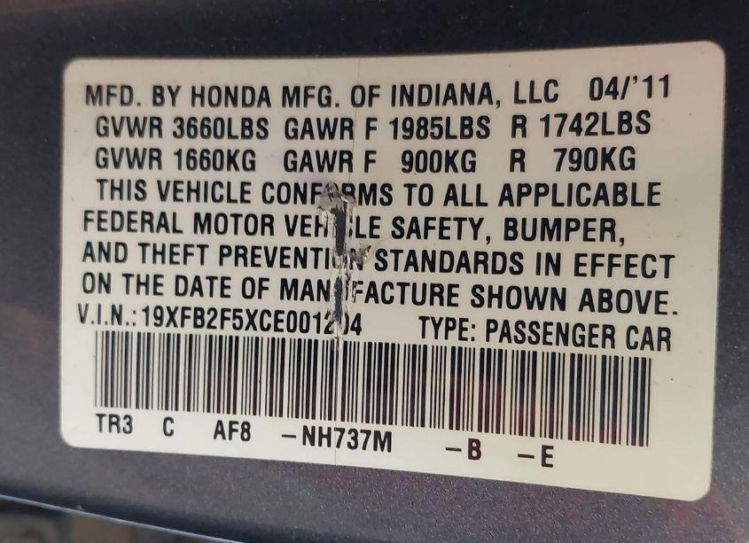 Photo 9 of 2012 Honda Civic LX (VIN 19XFB2F5XCE001204)