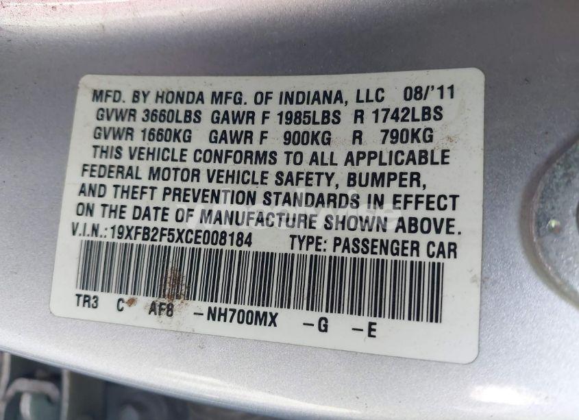 Photo 9 of 2012 Honda Civic SDN LX (VIN 19XFB2F5XCE008184)