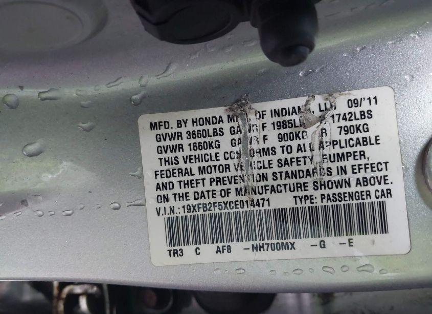 Photo 9 of 2012 Honda Civic SDN LX (VIN 19XFB2F5XCE014471)