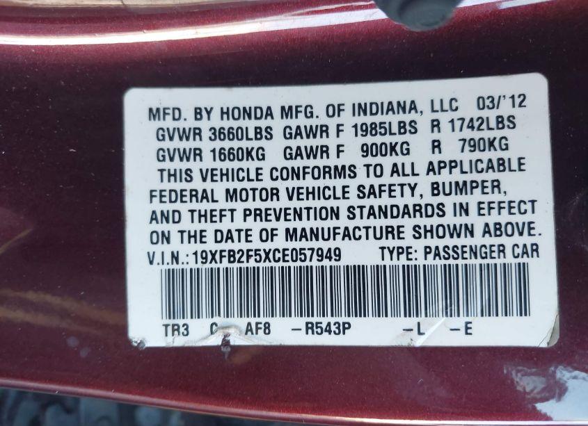 Photo 9 of 2012 Honda Civic SDN LX (VIN 19XFB2F5XCE057949)