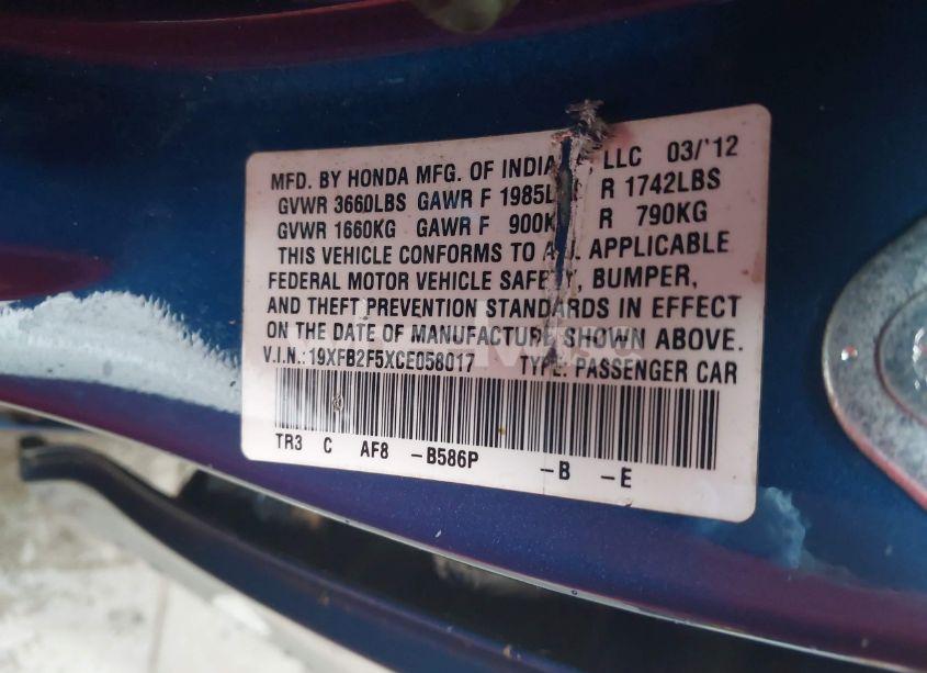 Photo 9 of 2012 Honda Civic LX (VIN 19XFB2F5XCE058017)