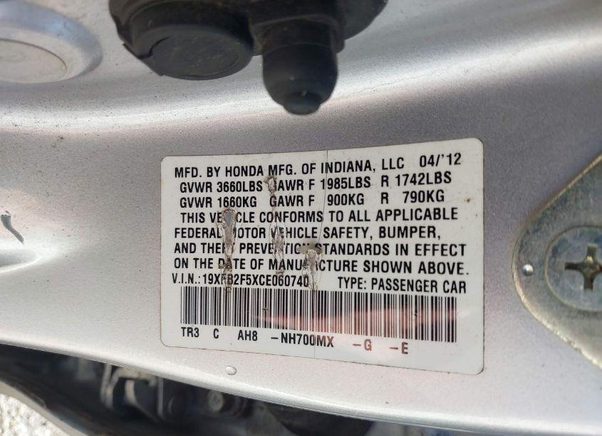 Photo 9 of 2012 Honda Civic SDN LX (VIN 19XFB2F5XCE060740)