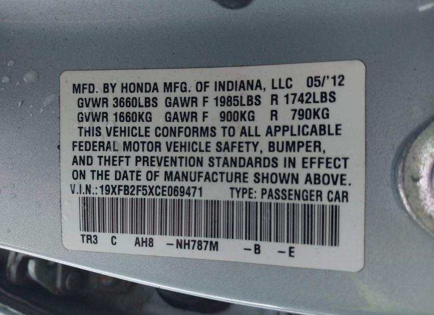 Photo 9 of 2012 Honda Civic SDN LX (VIN 19XFB2F5XCE069471)