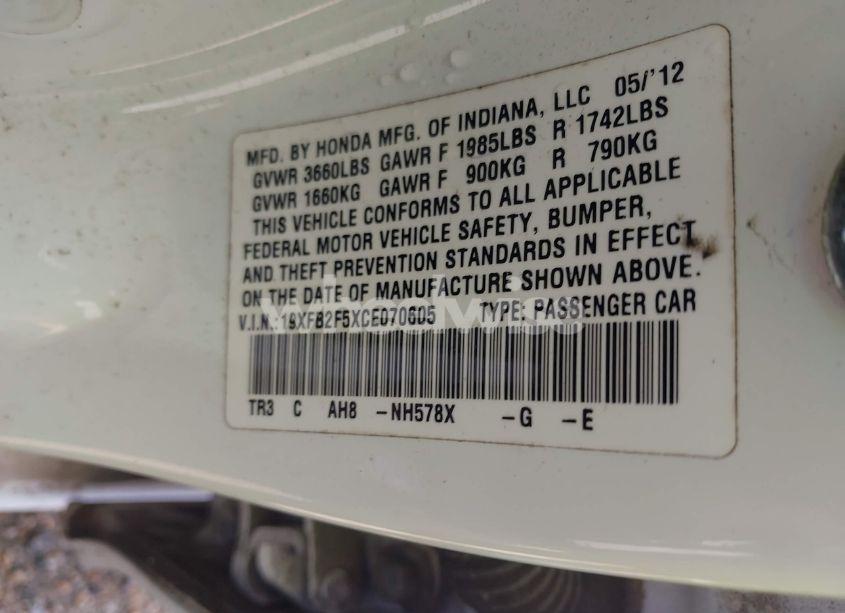 Photo 9 of 2012 Honda Civic LX (VIN 19XFB2F5XCE070605)