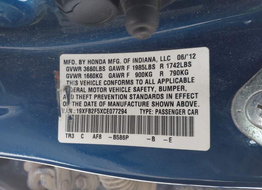 Photo 9 of 2012 Honda Civic LX (VIN 19XFB2F5XCE077294)