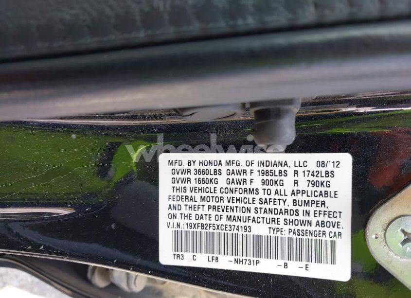 Photo 9 of 2012 Honda Civic LX (VIN 19XFB2F5XCE374193)