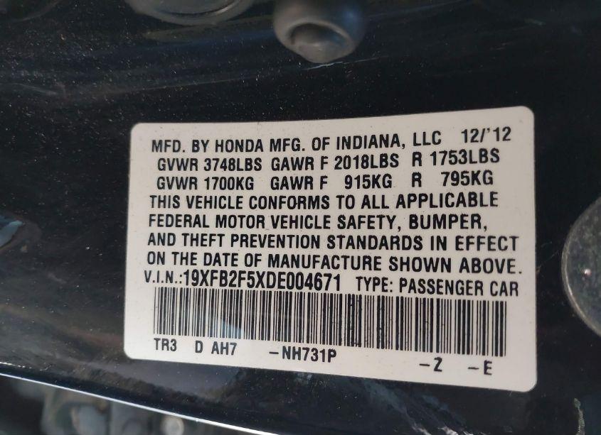 Photo 9 of 2013 Honda Civic LX (VIN 19XFB2F5XDE004671)