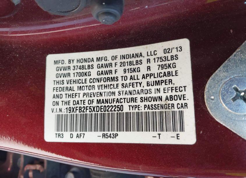 Photo 9 of 2013 Honda Civic LX (VIN 19XFB2F5XDE022250)