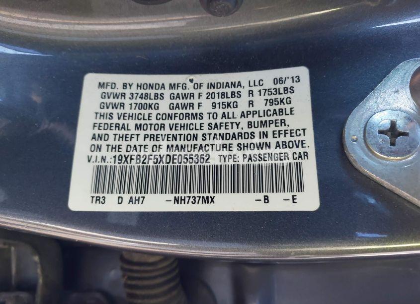 Photo 9 of 2013 Honda Civic LX (VIN 19XFB2F5XDE055362)