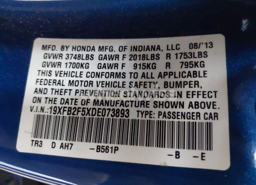 Photo 9 of 2013 Honda Civic LX (VIN 19XFB2F5XDE073893)