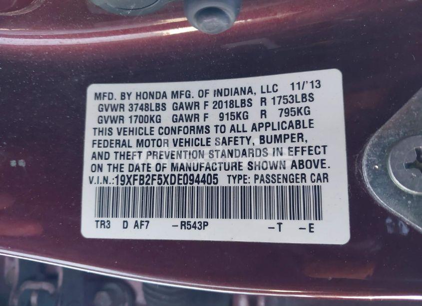 Photo 9 of 2013 Honda Civic LX (VIN 19XFB2F5XDE094405)