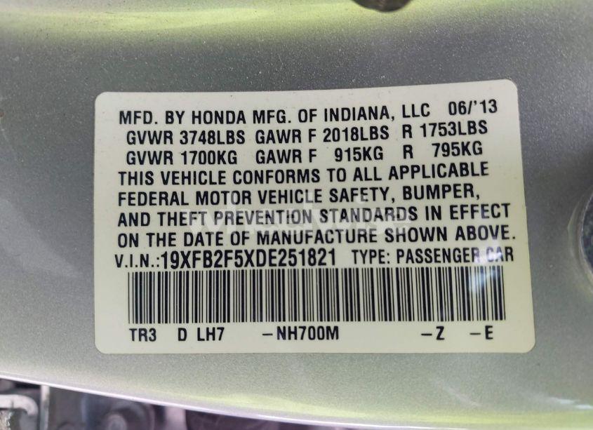 Photo 9 of 2013 Honda Civic LX (VIN 19XFB2F5XDE251821)