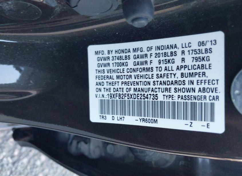 Photo 9 of 2013 Honda Civic LX (VIN 19XFB2F5XDE254735)