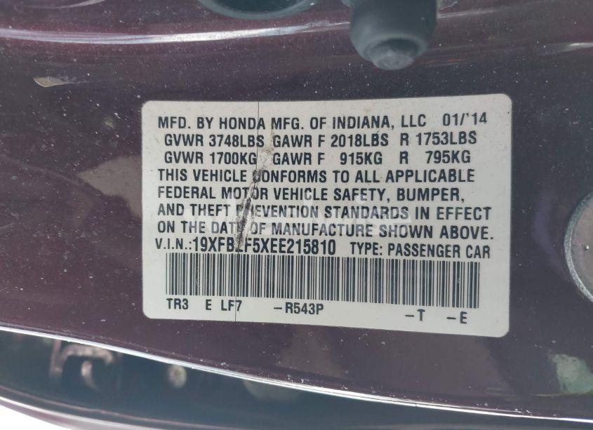 Photo 9 of 2014 Honda Civic LX (VIN 19XFB2F5XEE215810)