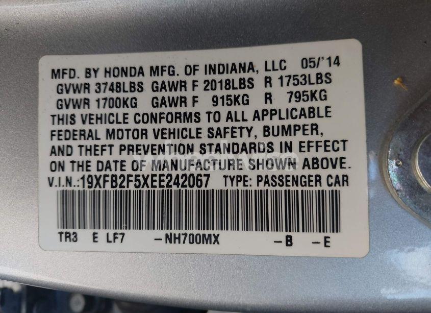 Photo 9 of 2014 Honda Civic SEDAN (VIN 19XFB2F5XEE242067)