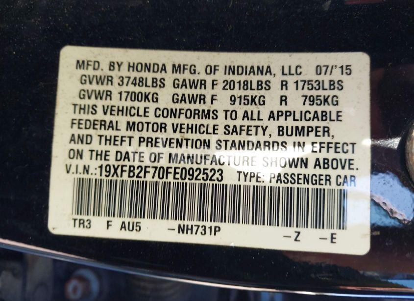 Photo 9 of 2015 Honda Civic SE (VIN 19XFB2F70FE092523)