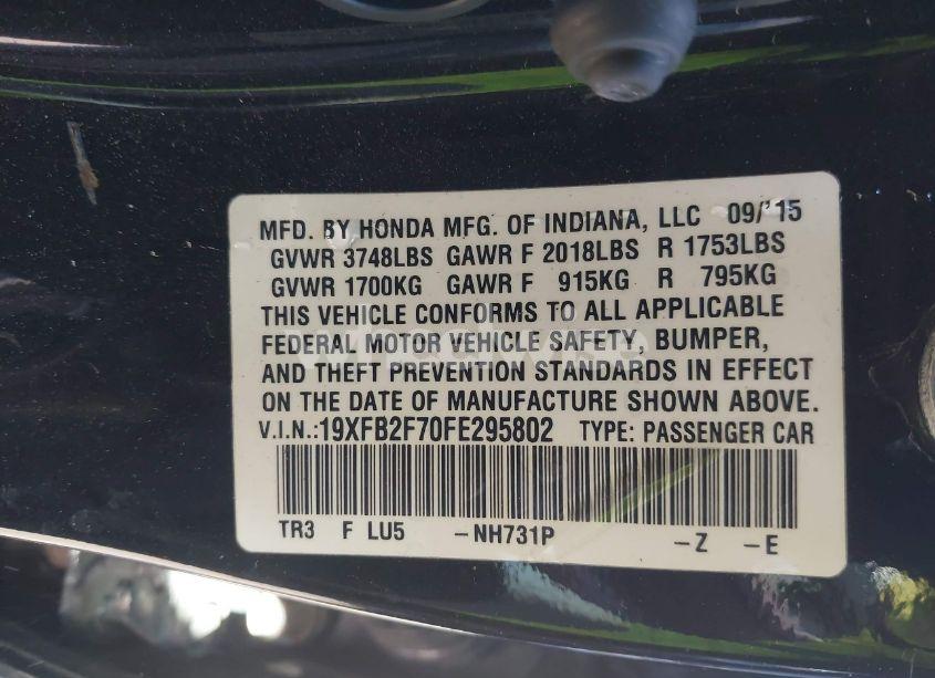 Photo 9 of 2015 Honda Civic SE (VIN 19XFB2F70FE295802)