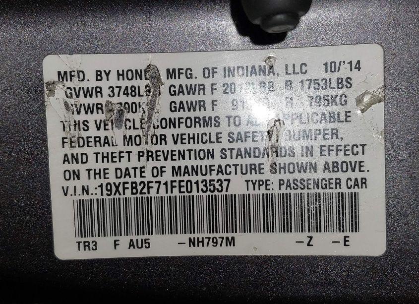 Photo 9 of 2015 Honda Civic SE (VIN 19XFB2F71FE013537)