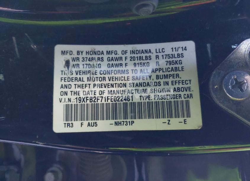 Photo 9 of 2015 Honda Civic SE (VIN 19XFB2F71FE022481)