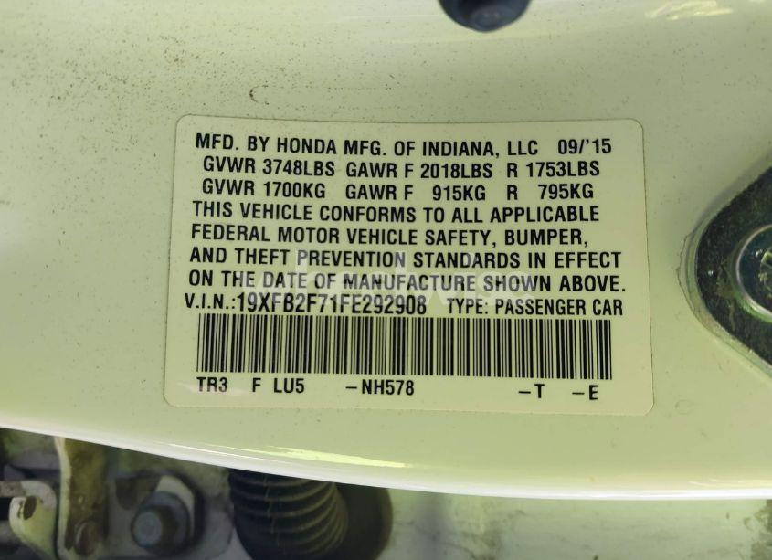 Photo 9 of 2015 Honda Civic SE (VIN 19XFB2F71FE292908)