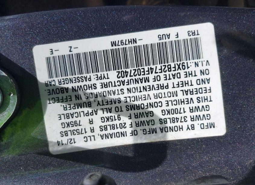 Photo 9 of 2015 Honda Civic SE (VIN 19XFB2F74FE027402)