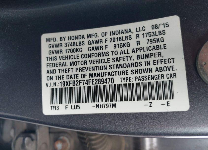 Photo 9 of 2015 Honda Civic SE (VIN 19XFB2F74FE289470)